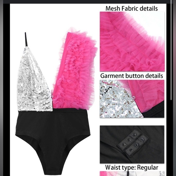 Pink tulle silver sequin high waist black bodysuit Plunge Neck concert festival - Picture 6 of 6